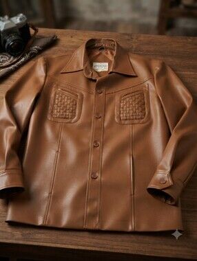 Vintage The Broadway Men's Brown Faux Leather Jacket Size Large Woven Pocket